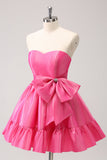 Fuchsia A-Line Strapless Ruffle Short Cocktail Dress with Bow