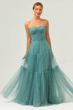 Eucalyptus A-Line Strapless Corset Tulle Bridesmaid Dress