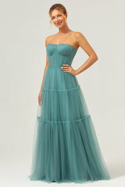 Eucalyptus A-Line Strapless Corset Tulle Bridesmaid Dress