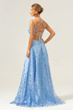 Sparkly Blue A Line Spaghetti Straps Sequins Lace Up Back Formal Dress with Slit