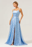 Sparkly Blue A Line Spaghetti Straps Sequins Lace Up Back Formal Dress with Slit