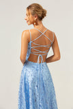 Sparkly Blue A Line Spaghetti Straps Sequins Lace Up Back Formal Dress with Slit