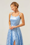 Sparkly Blue A Line Spaghetti Straps Sequins Lace Up Back Formal Dress with Slit