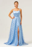 Sparkly Blue A Line Spaghetti Straps Sequins Lace Up Back Formal Dress with Slit