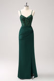 Dark Green Mermaid Spaghetti Straps Satin Long Bridesmaid Dress with Slit