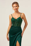 Dark Green Mermaid Spaghetti Straps Corset Satin Long Bridesmaid Dress with Slit