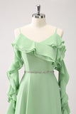 Light Green Cold Shoulder A-Line Chiffon Long Bridesmaid Dress with Ruffles