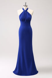 Glitter Blue Halter Bodycon Mermaid Bridesmaid Dress