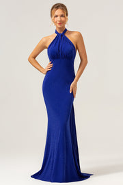 Glitter Blue Mermaid Halter Backless Long Bridesmaid Dress