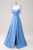 Blue A Line Spaghetti Straps Satin Bridesmaid Dress with Slit