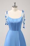 Blue A Line Spaghetti Straps Satin Bridesmaid Dress with Slit