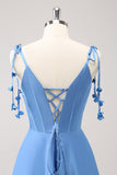 Blue A Line Spaghetti Straps Satin Formal Dress with Slit