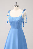 Blue A Line Spaghetti Straps Satin Formal Dress with Slit