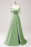 A Line Dusty Sage Spaghetti Straps Satin Bridesmaid Dress with Slit