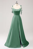 A Line Dusty Sage Spaghetti Straps Satin Bridesmaid Dress with Slit