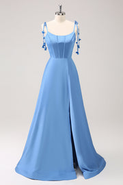 Blue A Line Spaghetti Straps Satin Bridesmaid Dress with Slit