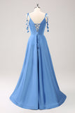 Blue A Line Spaghetti Straps Satin Bridesmaid Dress with Slit