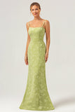 Green Mermaid Spaghetti Straps Embroidered Bridesmaid Dress with Lace Up Back