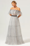 White Black A-Line Off The Shoulder Long Formal Dress with Dot