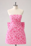 Fuchsia A Line Floral Strapless Short Cocktail Dress With Bow