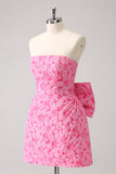 Fuchsia A Line Floral Strapless Short Cocktail Dress With Bow