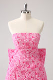 Fuchsia A Line Floral Strapless Short Cocktail Dress With Bow