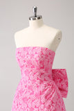 Fuchsia A Line Floral Strapless Short Cocktail Dress With Bow