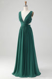 Dark Green A Line Chiffon Long Bridesmaid Dress with Lace Up Back