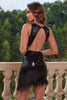 Load image into Gallery viewer, Sparkly Black Bodycon Square Neck Backless Cocktail Dress with Fringes