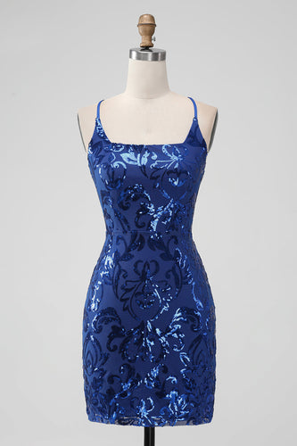 Royal Blue Bodycon Sequins Short Cocktail Dress with Lace-up Back