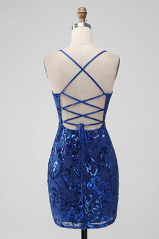 Royal Blue Bodycon Sequins Short Cocktail Dress with Lace-up Back