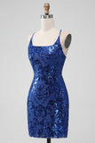 Royal Blue Bodycon Sequins Short Cocktail Dress with Lace-up Back