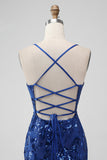 Royal Blue Bodycon Sequins Short Cocktail Dress with Lace-up Back