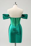 Green Off the Shoulder Satin Tight Homecoming Dress with Beading