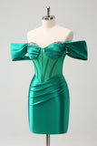 Green Off the Shoulder Satin Tight Homecoming Dress with Beading