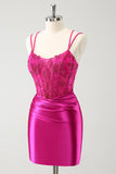 Fuchsia Bodycon Spaghetti Straps Beaded Satin Short Homecoming Dress