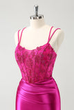 Fuchsia Bodycon Spaghetti Straps Beaded Satin Short Homecoming Dress