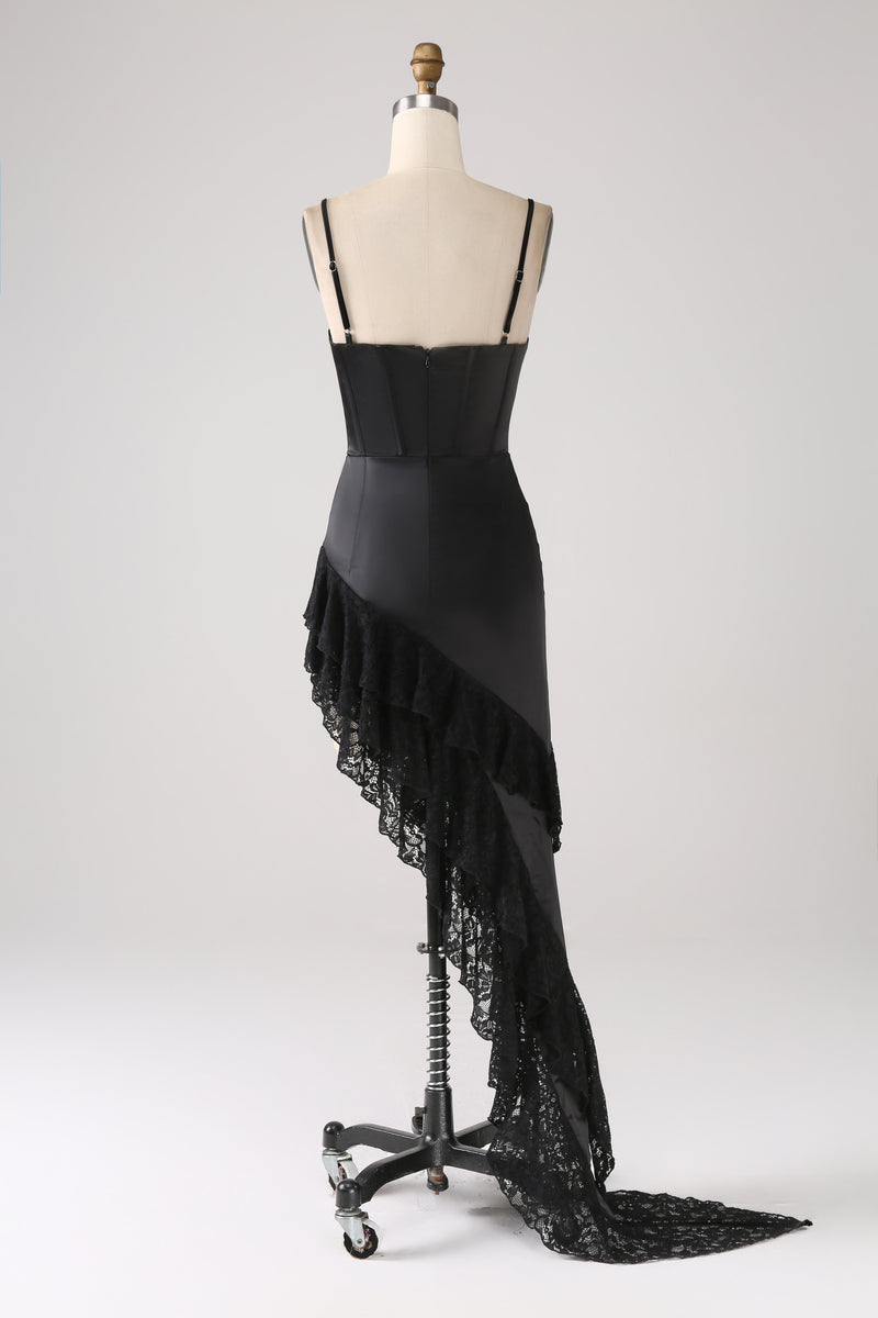 Load image into Gallery viewer, Asymmetrical Black Spaghetti Straps Formal Dress with Ruffles
