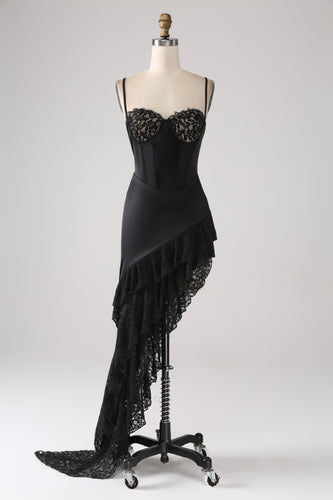 Asymmetrical Black Spaghetti Straps Formal Dress with Ruffles