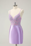 Sparkly Bodycon Lilac Spaghetti Straps Cocktail Dress with Sequins