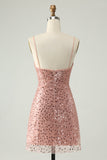 Sparkly Blush Spaghetti Straps Sequins A Line Cocktail Dress