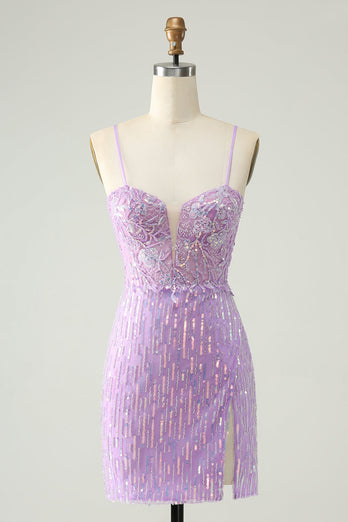 Sparkly Lilac Sequins Bodycon Mini Cocktail Dress with Slit