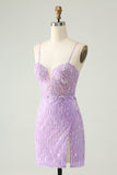 Sparkly Lilac Sequins Bodycon Mini Cocktail Dress with Slit