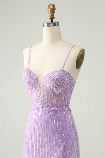 Sparkly Lilac Sequins Bodycon Mini Cocktail Dress with Slit