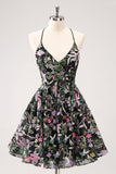 Sparkly Black A Line Floral Short Cocktail Dress with Sequins