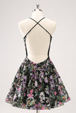 Sparkly Black A Line Floral Short Cocktail Dress with Sequins