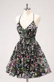 Sparkly Black A Line Floral Short Cocktail Dress with Sequins