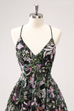 Sparkly Black A Line Floral Short Cocktail Dress with Sequins