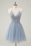 Sparkly Dusty Blue A Line Halter Cocktail Dress with Appliques