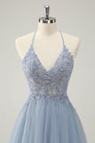 Sparkly Dusty Blue A Line Halter Cocktail Dress with Appliques